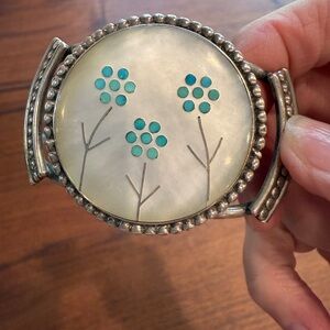 Zuni turquoise inlay and mother of pearl silver bracelet
